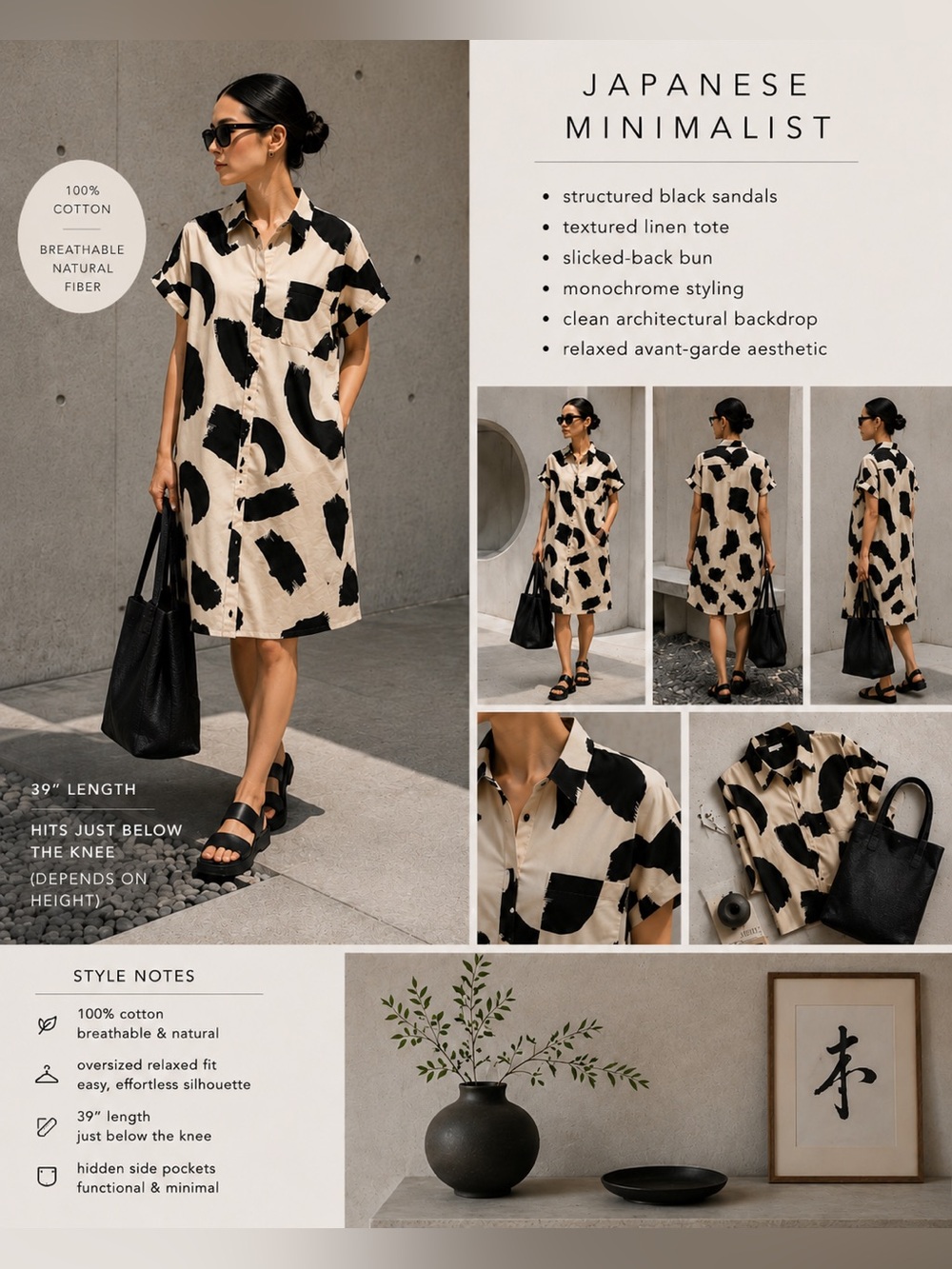 Monki Abstract Shirt Dress M Midi Black Cream Japanese Minimalist Lagenlook